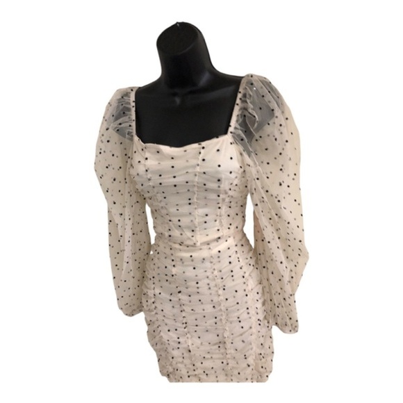 Cream 2pc polka dot chiffon tulle tufted sheer sleeve blouse &‎ skirt set size L - Picture 15 of 17